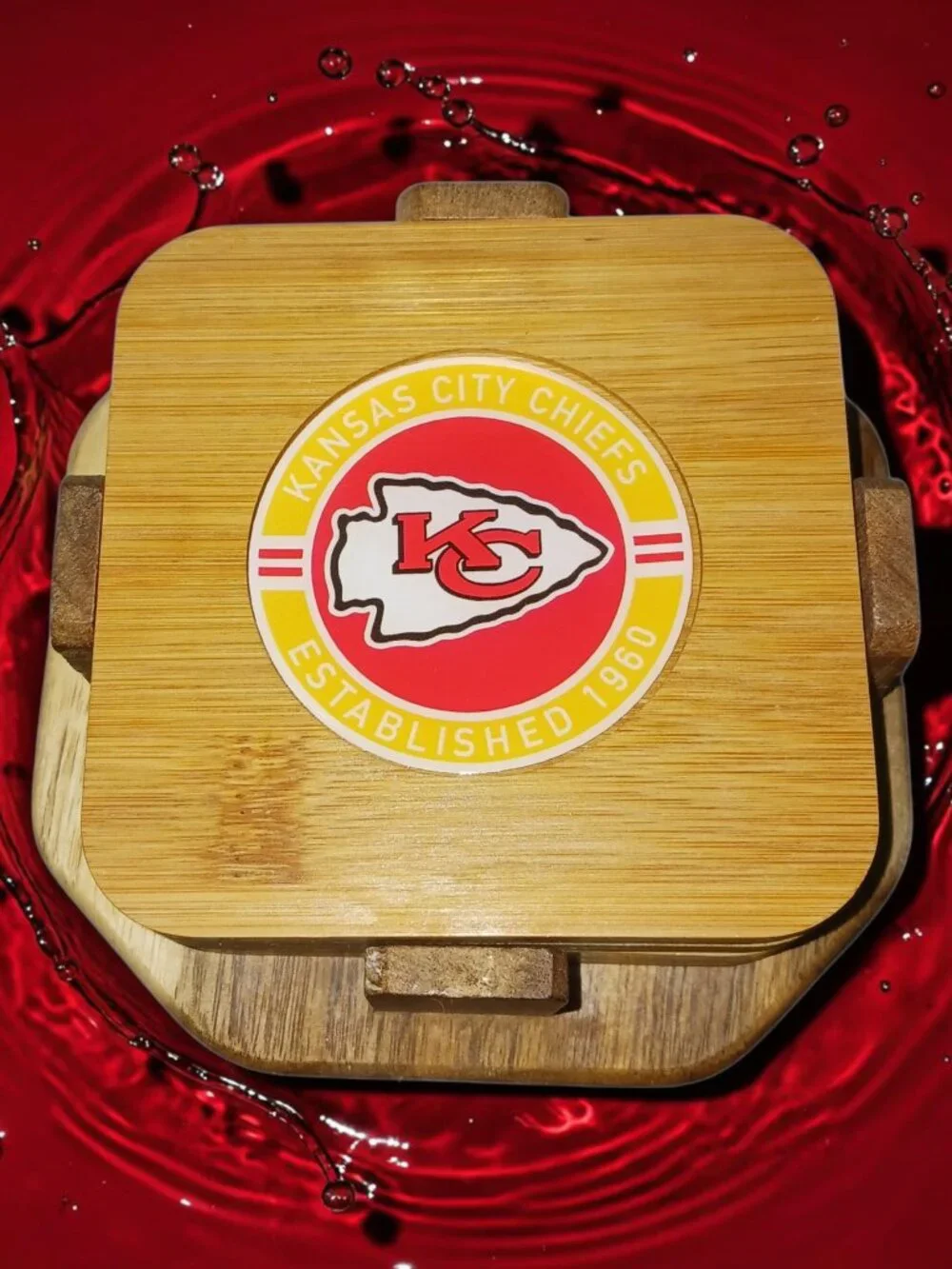 Kansas City Chiefs Wood Inlay Coaster Set with Holder NFL Like New